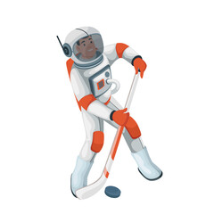 Astronaut playing ice hockey vector illustration. Cartoon isolated player spaceman holding stick to kick puck, action of cosmonaut athlete on galaxy tournament, astronaut in helmet and spacesuit