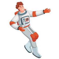 Astronaut pointing hand vector illustration. Cartoon isolated happy spaceman character in astro suit and without helmet floating in zero gravity inside spacecraft, cosmic flight pose of astronaut