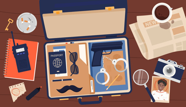 Open suitcase of detective or secret agent, top view vector illustration. Cartoon investigators desk with secret criminal files and gun, coffee and newspaper, lens to investigate mystery of crime