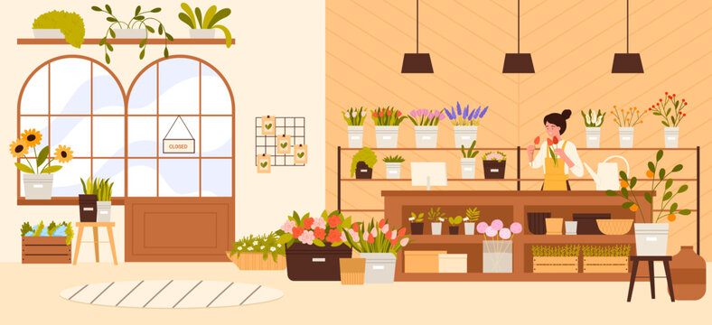 Florist shop vector illustration. Cartoon woman seller or owner of small flowershop business selling natural plants, flowers bouquet in vases and boxes for arranging house interior or garden,