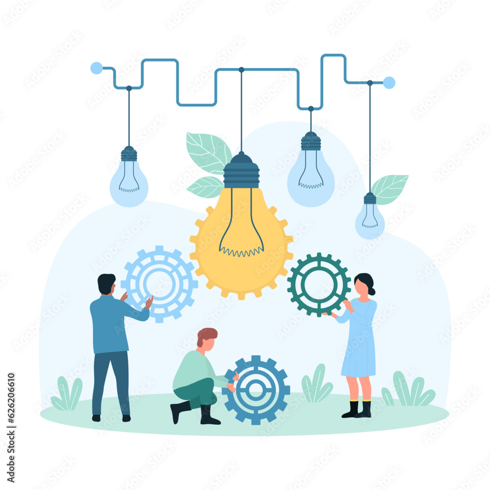 Poster creative business idea, implementation of innovation vector illustration. cartoon tiny people develo