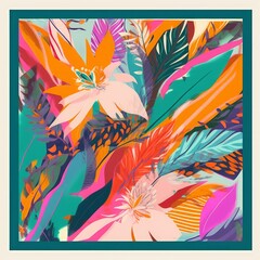 Scarf modern design with colorful artistic tropical flowers print. Abstract ethnic style. Fashionable  template for your design, Generative AI