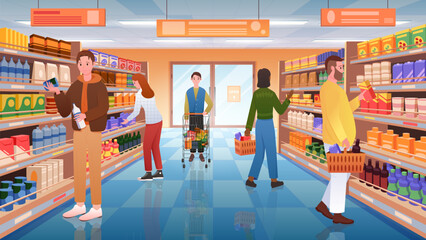 People in aisle of supermarket or grocery store vector illustration. Cartoon man and woman consumers with trolley and baskets standing at shelves to choose food products, buyers characters read labels