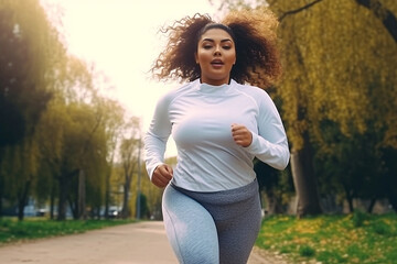 Body positive woman exercising in the park  - obrazy, fototapety, plakaty