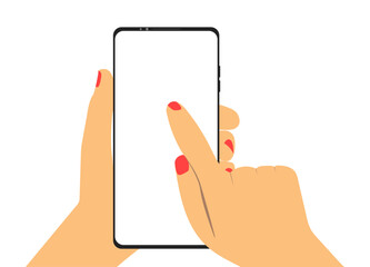 White screen phone and woman hand.