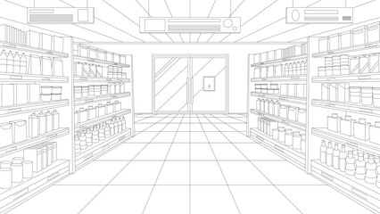 Supermarket or grocery store aisle, perspective sketch of interior vector illustration. Abstract black line retail shop inside, hypermarket shelves full of food products and variety of packages - obrazy, fototapety, plakaty