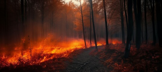 Forest on fire background. Generative AI technology.