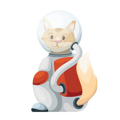 Cute cat astronaut vector illustration. Cartoon isolated funny kitty in spacesuit sitting back with head in helmet turned, happy pet of spaceman with adorable pose, fur and face, kitten astronaut