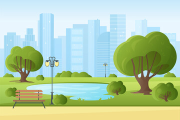City park in summer vector illustration. Cartoon downtown landscape panorama with wooden bench on public alley and street lamp, pond and green trees on lawn, blue sky and skyscrapers on horizon