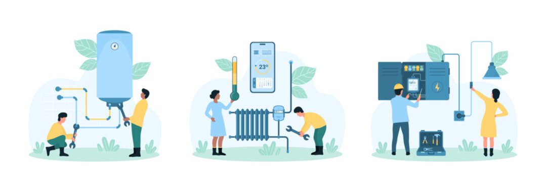 Inspection and maintenance repair service vector illustration. Cartoon tiny engineers check plumbing and heating home system, control temperature with thermometer and mobile app, fixing switchboard
