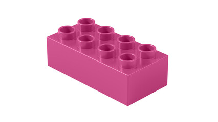 Lilac Rose Plastic Bricks Block Isolated on a White Background. Children Toy Brick, Perspective View. Close Up View of a Game Block for Constructors. 3D illustration. 8K Ultra HD, 7680x4320, 300 dpi