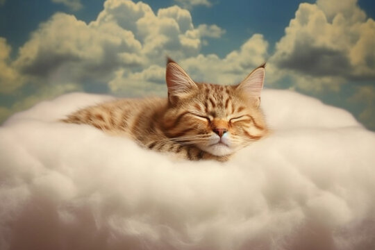 A heartwarming and adorable photography of a cute cat peacefully sleeping on a fluffy cloud, radiating pure serenity and comfort. Ai generated