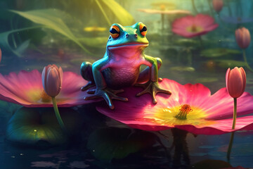 An adorable and charming illustration of a cute frog sitting on a lily pad in a serene lake or pond, capturing the tranquility and beauty of nature. Ai generated