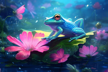 Fototapeta na wymiar An adorable and charming illustration of a cute frog sitting on a lily pad in a serene lake or pond, capturing the tranquility and beauty of nature. Ai generated