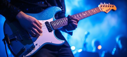 Obraz premium Guitarist perform at indoor concert bokeh background. Generative AI technology.