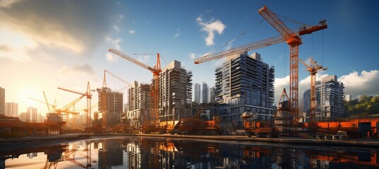 Apartment property building construction sites and tower cranes. Generative AI technology.