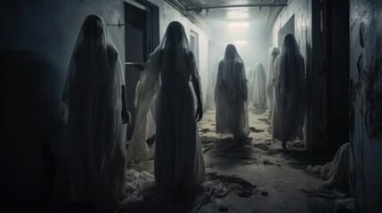 Dilapidated hospital hallway with ghostly apparitions. Halloween concept for haunted attraction organizer, horror movie poster designer, event planner.