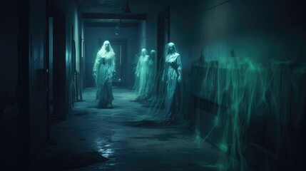 Dilapidated hospital hallway with ghostly apparitions. Halloween concept for haunted attraction organizer, horror movie poster designer, event planner.