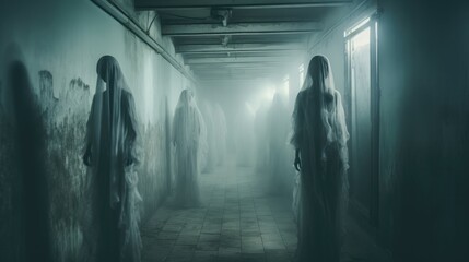 Dilapidated hospital hallway with ghostly apparitions. Halloween concept for haunted attraction organizer, horror movie poster designer, event planner. - obrazy, fototapety, plakaty