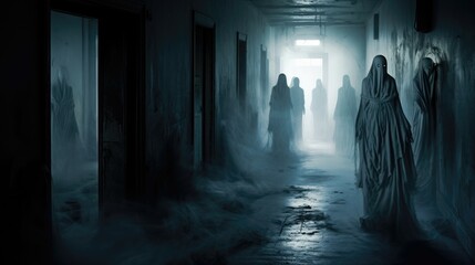 Dilapidated hospital hallway with ghostly apparitions. Halloween concept for haunted attraction organizer, horror movie poster designer, event planner.