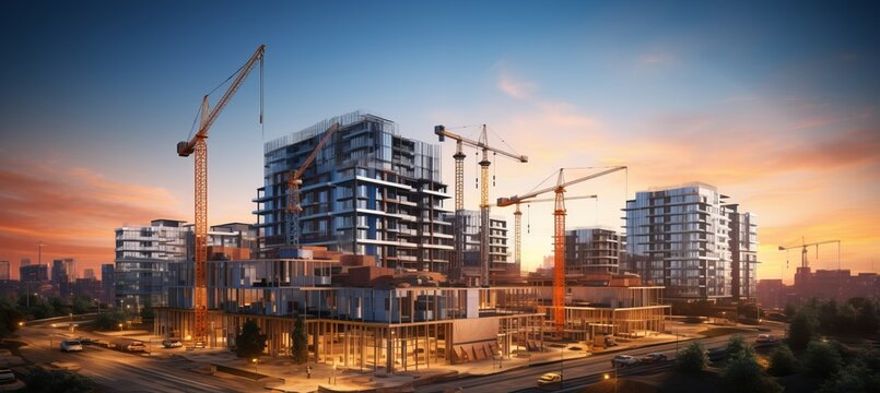City building construction sites development and tower cranes. Generative AI technology.