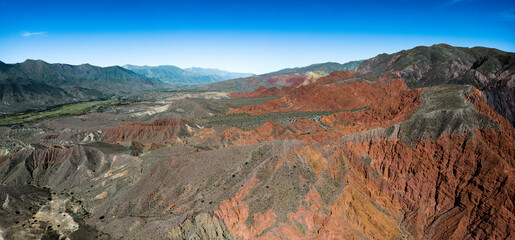 Aerial view of the colorful hiking area Quebrada de las Señoritas in Jujuy, Argentina - Traveling and exploring the beautiful sights of South America