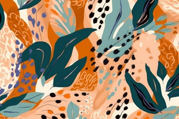 Hand drawn abstract jungle pattern with leopard print. Creative collage contemporary seamless pattern. Fashionable template for design, Generative AI