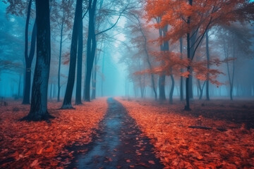 Fototapeta premium Mesmerizing scene of a mystical forest, enveloped in ethereal blue fog and with vibrant yellow leaves during the enchanting season of autumn. Ai generated
