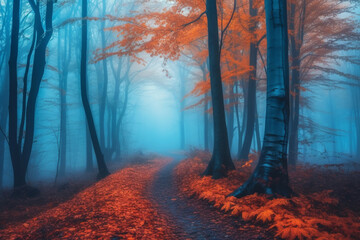 Obraz na płótnie Canvas Mesmerizing scene of a mystical forest, enveloped in ethereal blue fog and with vibrant yellow leaves during the enchanting season of autumn. Ai generated