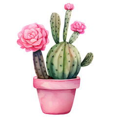 Big green cactus with pink flower on pink pot illustration