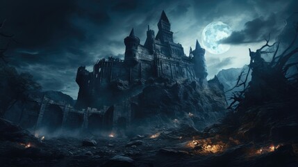 Moonlight casts shadows on a decrepit castle. Halloween concept for event planner, party venue, fantasy book cover designer.