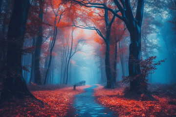 Fototapeta premium Mesmerizing scene of a mystical forest, enveloped in ethereal blue fog and with vibrant yellow leaves during the enchanting season of autumn. Ai generated