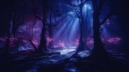 Fototapeta premium Spooky forest illuminated by glowing spirits. Halloween concept for nature resort, spiritual retreat, enchanted forest-themed event.