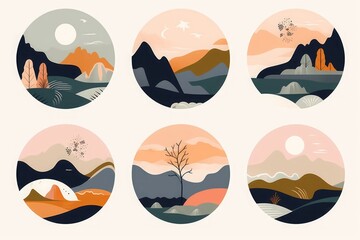 Trendy minimalist abstract landscape illustrations. Set of hand drawn contemporary artistic round icons, Generative AI