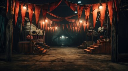 Vintage abandoned carnival with ghostly presence. Halloween concept for creepy carnival event organizer, dark photography studio, circus-themed party.