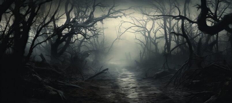 Haunted forest horror melancholic dark background. Generative AI technology.