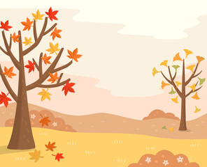 Autumn landscape illustration with maple and ginkgo trees , 단풍나무와 은행나무가 있는 가을 풍경 일러스트