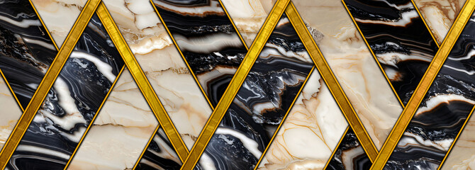 Vintage onyx marble black and white marble in herringbone pattern with golden inlay
