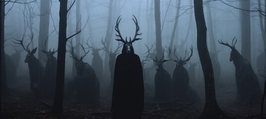 Deer head cult do ritual at haunted foggy forest background. Generative AI technology.