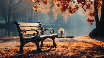 a bench in an autumn park landscape in the morning fog and tranquility background with a copy of space. Generative AI - Powered by Adobe