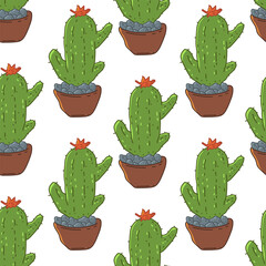 Cactus in pot vector cartoon seamless pattern background for wallpaper, wrapping, packing, and backdrop.