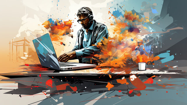 Digital illustration of a man dj using a laptop in a grunge background. Generative AI.