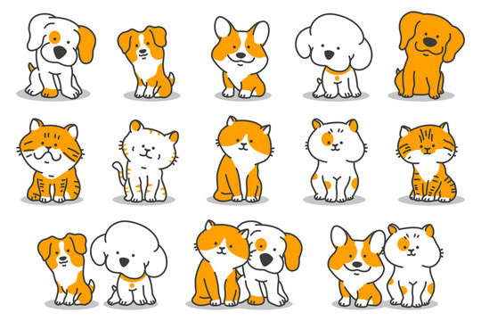 Cute dogs and cats vector cartoon characters set isolated on a white background.