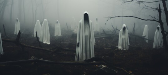 Creepy evil cult at haunted foggy forest background. Generative AI technology. - obrazy, fototapety, plakaty