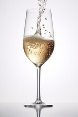 A close-up of a classic wine glass with poured white wine or sparkling champagne splashes in motion. Isolated on white background, creative minimal concept for stories.