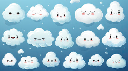 Set of cute kawaii clouds. Cartoon style. Vector illustration. Generative AI.
