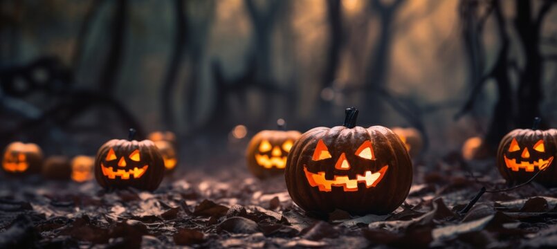 Jack O Lantern halloween scary pumpkins on the forest background. Generative AI technology.