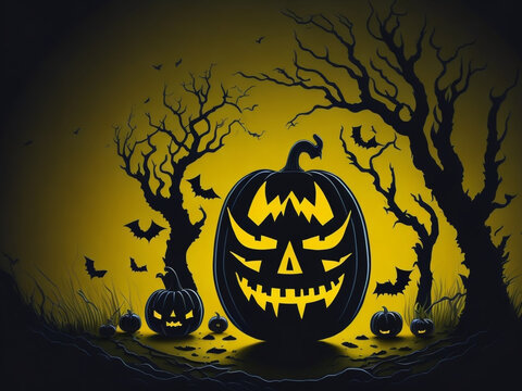 Pumpkins In Graveyard In The Spooky Night - Halloween background . Generative AI