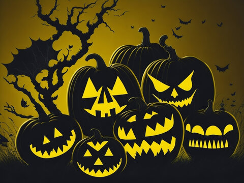 Pumpkins In Graveyard In The Spooky Night - Halloween background . Generative AI
