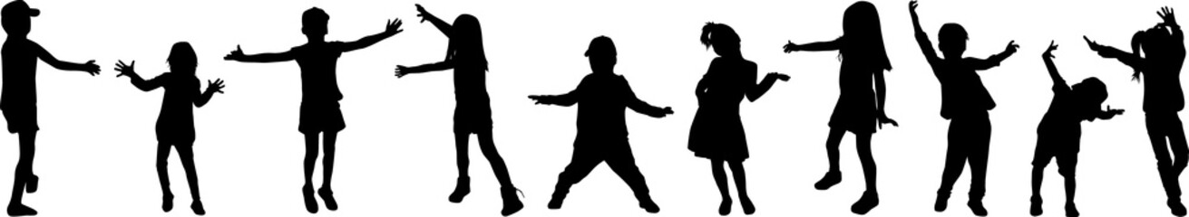 Group of dancing children, black silhouettes. - 626211045